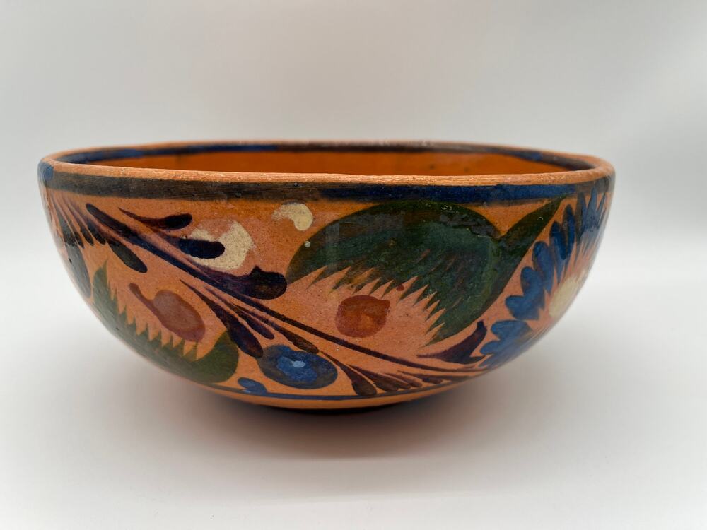 Vintage Mexican Folk Art Pottery Hand Painted Tonala Barro Vidriado Bowl - 10"